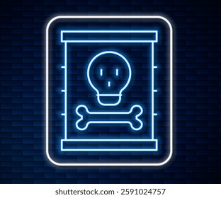 Glowing neon line Radioactive waste in barrel icon isolated on brick wall background. Toxic refuse keg. Radioactive garbage emissions, environmental pollution.  Vector