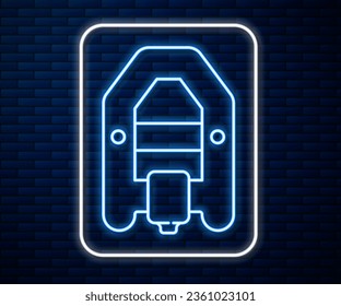 Glowing neon line Rafting boat icon isolated on brick wall background. Inflatable boat with paddles. Water sports, extreme sports, holiday, vacation.  Vector
