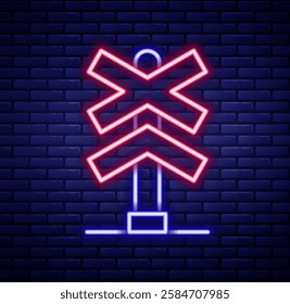 Glowing neon line Railroad crossing icon isolated on brick wall background. Railway sign. Colorful outline concept. Vector