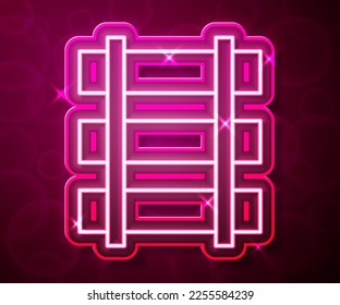 Glowing neon line Railway, railroad track icon isolated on red background.  Vector