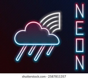 Glowing neon line Rainbow with cloud and rain icon isolated on black background. Colorful outline concept. Vector