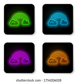 Glühender Neon-Line-Regenbogen mit Wolkensymbol einzeln auf weißem Hintergrund. Schwarze Quadrat-Taste. Vektorgrafik