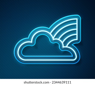 Glowing neon line Rainbow with clouds icon isolated on blue background.  Vector