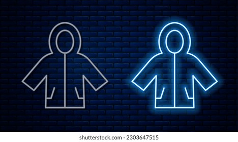 Glowing neon line Raincoat icon isolated on brick wall background.  Vector