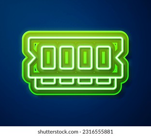 Glowing neon line RAM, random access memory icon isolated on blue background.  Vector