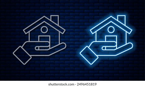 Glowing neon line Realtor icon isolated on brick wall background. Buying house.  Vector