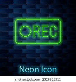 Icono del botón Grabar de la línea de neón brillante aislado en el fondo de la pared de ladrillo. botón Rec.  Vector