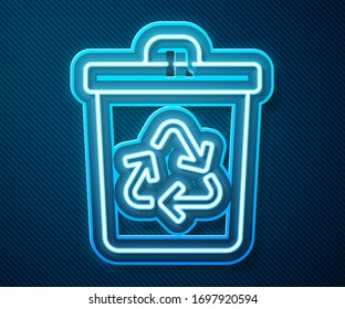 Glowing neon line Recycle bin with recycle symbol icon isolated on blue background. Trash can icon. Garbage bin sign. Recycle basket sign.  Vector Illustration