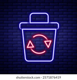 Glowing neon line Recycle bin with recycle symbol icon isolated on brick wall background. Trash can icon. Garbage bin sign. Recycle basket sign. Colorful outline concept. Vector