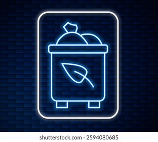 Glowing neon line Recycle bin with recycle symbol icon isolated on brick wall background. Trash can icon. Garbage bin sign. Recycle basket.  Vector