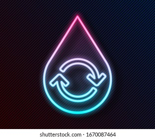 Glowing neon line Recycle clean aqua icon isolated on black background. Drop of water with sign recycling.  Vector Illustration