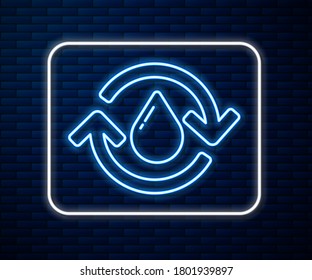 Glowing neon line Recycle clean aqua icon isolated on brick wall background. Drop of water with sign recycling.  Vector Illustration