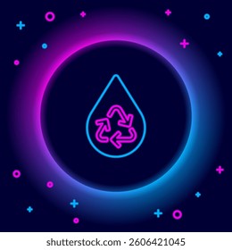 Glowing neon line Recycle clean aqua icon isolated on black background. Drop of water with sign recycling. Colorful outline concept. Vector