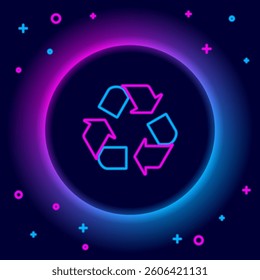 Glowing neon line Recycle symbol icon isolated on black background. Circular arrow icon. Environment recyclable go green. Colorful outline concept. Vector
