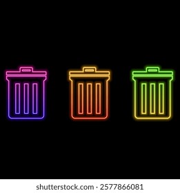 Glowing neon line recycling bin with recycling symbol icon isolated on black background. Trash can icon. Trash can sign. Recycling bin plate. Colorful outline concept..