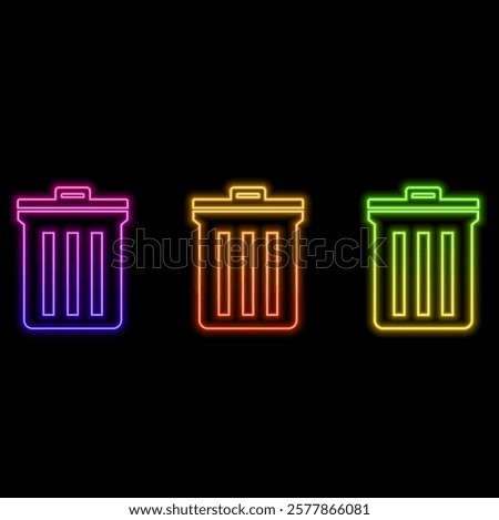 Glowing neon line recycling bin with recycling symbol icon isolated on black background. Trash can icon. Trash can sign. Recycling bin plate. Colorful outline concept..