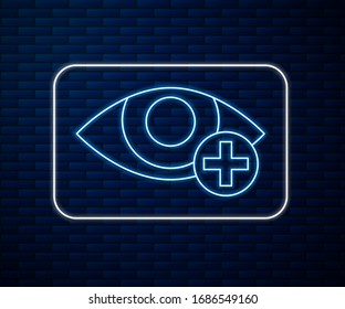 Glowing neon line Red eye effect icon isolated on brick wall background. Eye redness sign. Inflammatory disease of eyes.  Vector Illustration