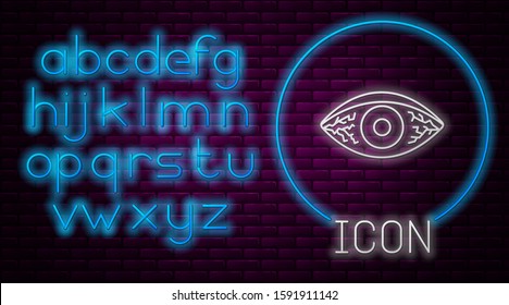 Glowing neon line Reddish eye due to viral, bacterial or allergic conjunctivitis icon isolated on brick wall background. Neon light alphabet. Vector Illustration