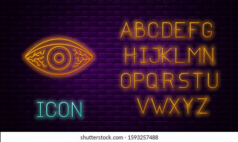 Glowing neon line Reddish eye due to viral, bacterial or allergic conjunctivitis icon isolated on brick wall background. Neon light alphabet. Vector Illustration