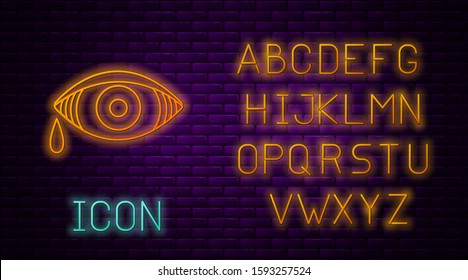 Glowing neon line Reddish eye due to viral, bacterial or allergic conjunctivitis icon isolated on brick wall background. Neon light alphabet. Vector Illustration