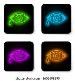 Glowing neon line Reddish eye due to viral, bacterial or allergic conjunctivitis icon isolated on white background. Black square button. Vector Illustration