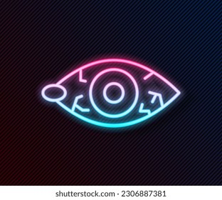 Glowing neon line Reddish eye due to viral, bacterial or allergic conjunctivitis icon isolated on black background.  Vector