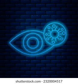 Glowing neon line Reddish eye due to virus, bacterial or allergic conjunctivitis icon isolated on brick wall background.  Vector Illustration