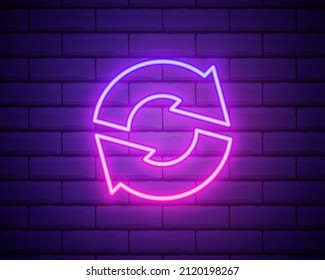 Glowing neon line Refresh icon isolated on brick wall background. Reload symbol. Rotation arrows in a circle sign. Vector Illustration.