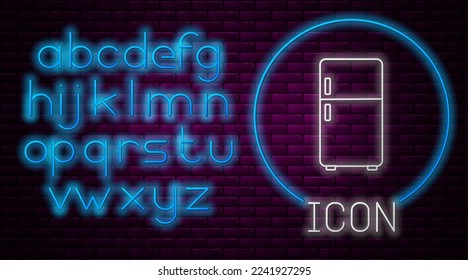 Glowing neon line Refrigerator icon isolated on brick wall background. Fridge freezer refrigerator. Household tech and appliances. Neon light alphabet. Vector