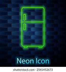 Glowing neon line Refrigerator icon isolated on brick wall background. Fridge freezer refrigerator. Household tech and appliances.  Vector