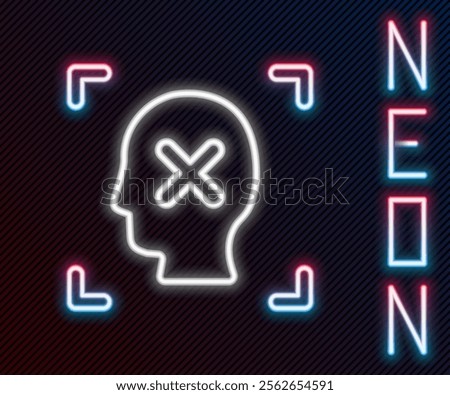 Glowing neon line Rejection face recognition icon isolated on black background. Face identification scanner icon. Facial id. Cyber security concept. Colorful outline concept. Vector