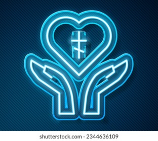 Glowing neon line Religious cross in the heart inside icon isolated on blue background. Love of God, Catholic and Christian symbol. People pray.  Vector