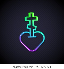 Glowing neon line Religious cross in the heart inside icon isolated on black background. Love of God, Catholic and Christian symbol. People pray.  Vector