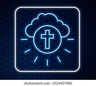 Glowing neon line Religious cross in the circle icon isolated on brick wall background. Love of God, Catholic and Christian symbol. People pray for love and peace.  Vector