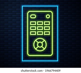 Glowing neon line Remote control icon isolated on brick wall background.  Vector Illustration