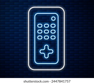 Glowing neon line Remote control icon isolated on brick wall background.  Vector Illustration