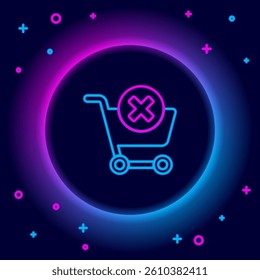 Glowing neon line Remove shopping cart icon isolated on black background. Online buying concept. Delivery service. Supermarket basket and X mark. Colorful outline concept. Vector