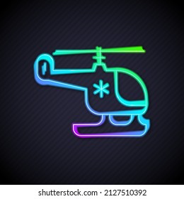 Glowing neon line Rescue helicopter icon isolated on black background. Ambulance helicopter.  Vector