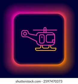 Glowing neon line Rescue helicopter aircraft vehicle icon isolated on black background. Colorful outline concept. Vector