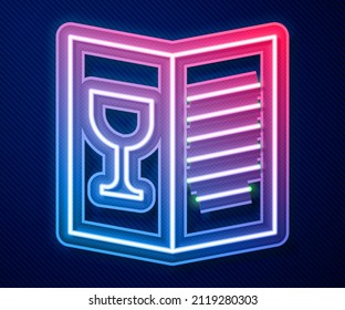 Glowing neon line Restaurant cafe menu icon isolated on blue background.  Vector