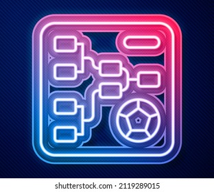 Glowing neon line Results and standing tables scoreboard championship tournament bracket icon isolated on blue background.  Vector