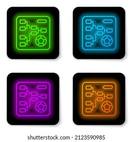 Glowing neon line Results and standing tables scoreboard championship tournament bracket icon isolated on white background. Black square button. Vector