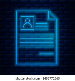 Glowing neon line Resume icon isolated on brick wall background. CV application. Searching professional staff. Analyzing personnel resume.   Vector Illustration