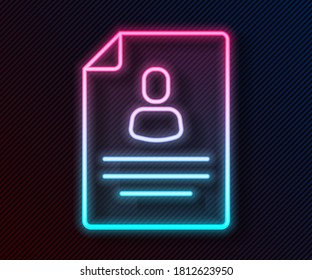 Glowing neon line Resume icon isolated on black background. CV application. Searching professional staff. Analyzing personnel resume.  Vector