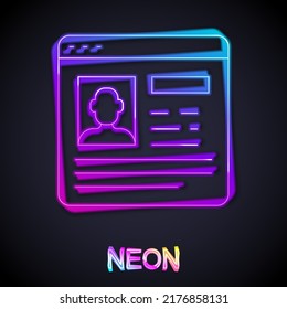 Glowing neon line Resume icon isolated on black background. CV application. Searching professional staff. Analyzing personnel resume.  Vector