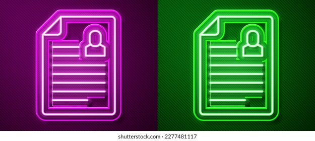 Glowing neon line Resume icon isolated on purple and green background. CV application. Searching professional staff. Analyzing personnel resume.  Vector