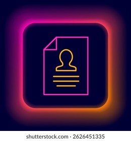 Glowing neon line Resume icon isolated on black background. CV application. Searching professional staff. Analyzing personnel resume. Colorful outline concept. Vector