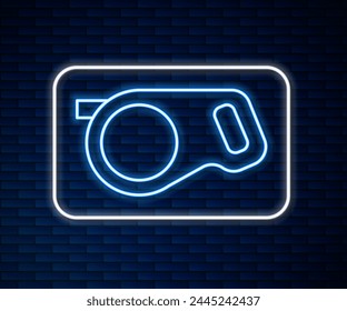 Glowing neon line Retractable cord leash with carabiner icon isolated on brick wall background. Pet dog lead. Animal accessory for outdoors walk.  Vector