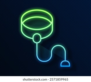 Glowing neon line Retractable cord leash with carabiner icon isolated on blue background. Pet dog lead. Animal accessory for outdoors walk.  Vector