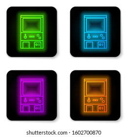Glowing neon line Retro arcade game machine icon isolated on white background. Black square button. Vector Illustration